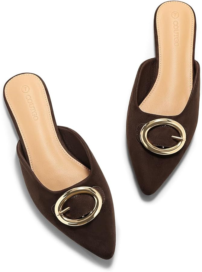 Coutgo Womens Mules Flats Metal Closed Pointed Toe Slip On Slides Summer Dress Shoes | Amazon (US)