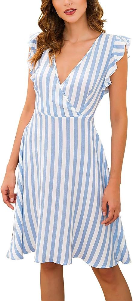Women's Short Sleeve Striped Vintage Casual Flowy Midi Belt Dress | Amazon (US)