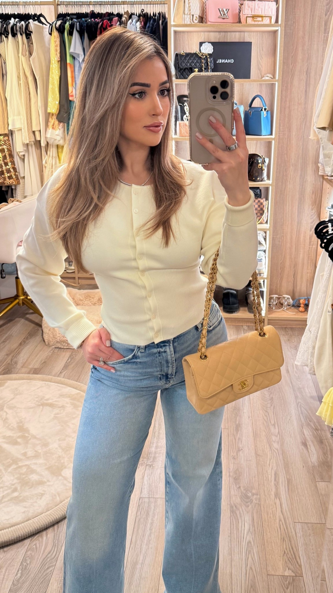 Finally fit into my jeans again 🫶🏼these are stretchy an so comfy. Wearing a size 26 in the jeans and small in the cardigan. 

#LTKootd #LTKPetite #LTKmomlife