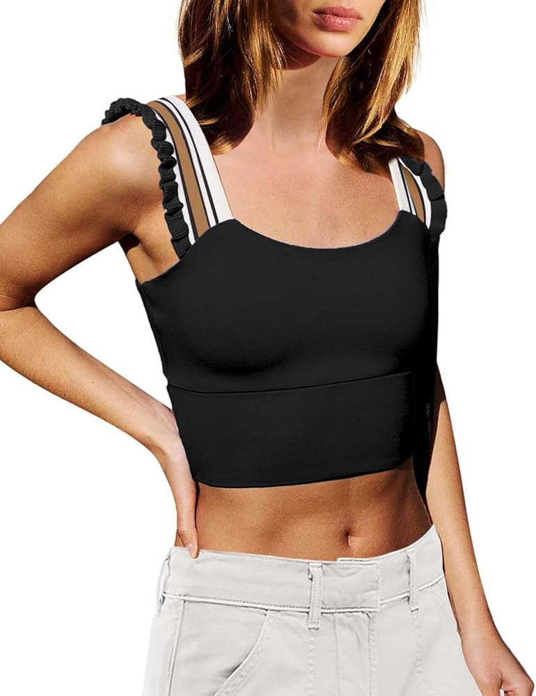 Wenlia Women's Cropped Tank Tops Sleeveless Stretchy Camisole Ruffle Wide Strap Cut Out Workout G... | Amazon (US)