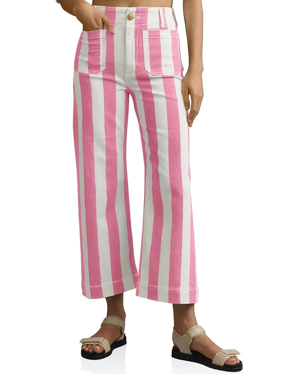 Tankaneo Womens Cropped Striped Jeans Casual High Waisted Stretchy Straight Leg Denim Pants with ... | Amazon (US)