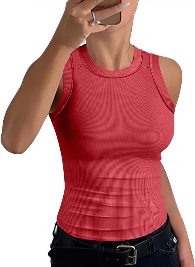 Caracilia Women Tank Tops Summer High Neck Ribbed Blouses Sleeveless Casual Basic Slim Fitted Kni... | Amazon (US)