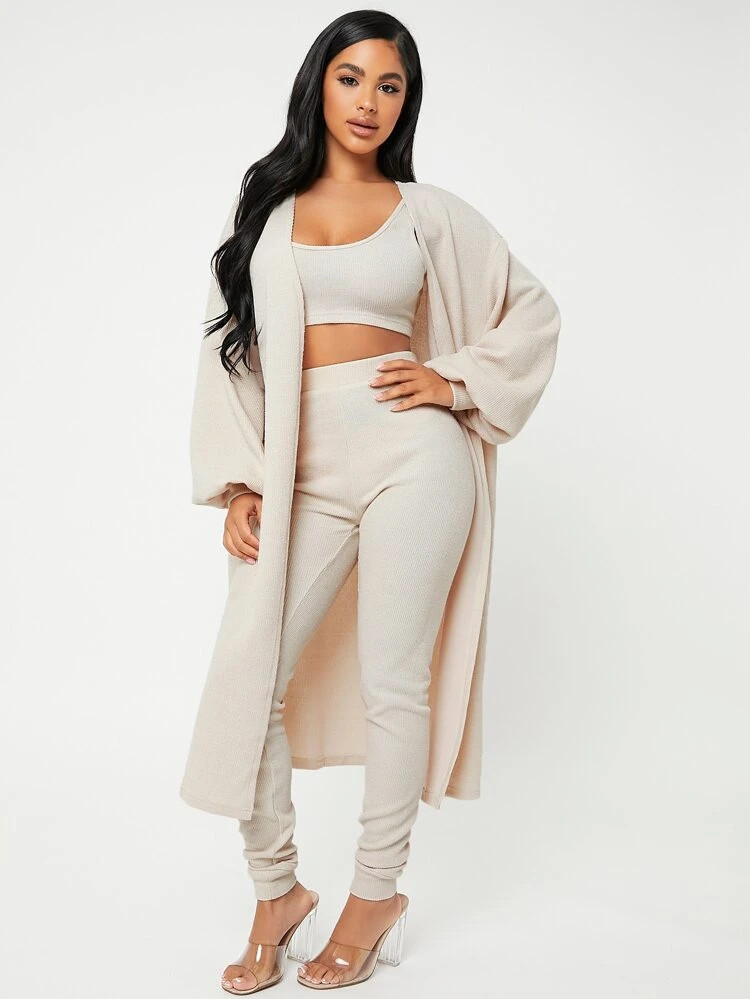 SHEIN SXY Tank Top & Leggings With Lantern Sleeve Coat | SHEIN