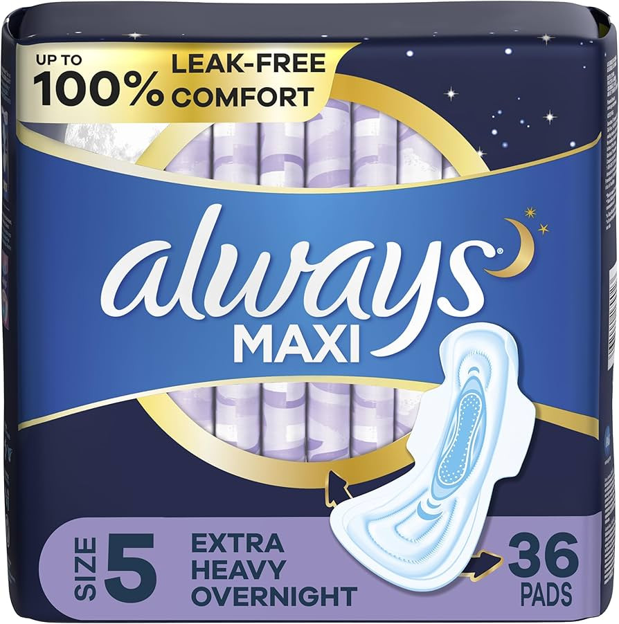 Always Maxi Overnight Pads with Wings, Size 5, Extra Heavy Overnight, Unscented, 36 Count | Amazon (US)