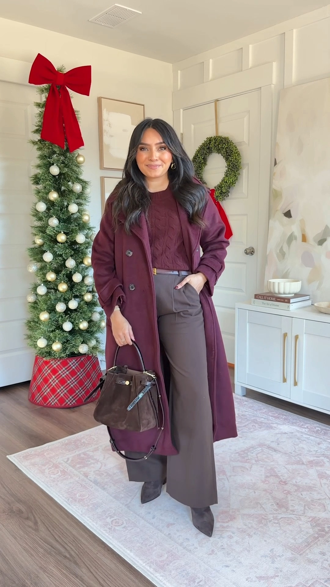 Burgundy coat size xs petite TTS
Burgundy sweater size xs TTS
Dark coffee color wide leg trouser pants size xs petite TTS - this color is currently sold out but check back for a restock!
Brown boot size 5.5 TTS


#LTKSaleAlert #LTKPetite #LTKFindsUnder100