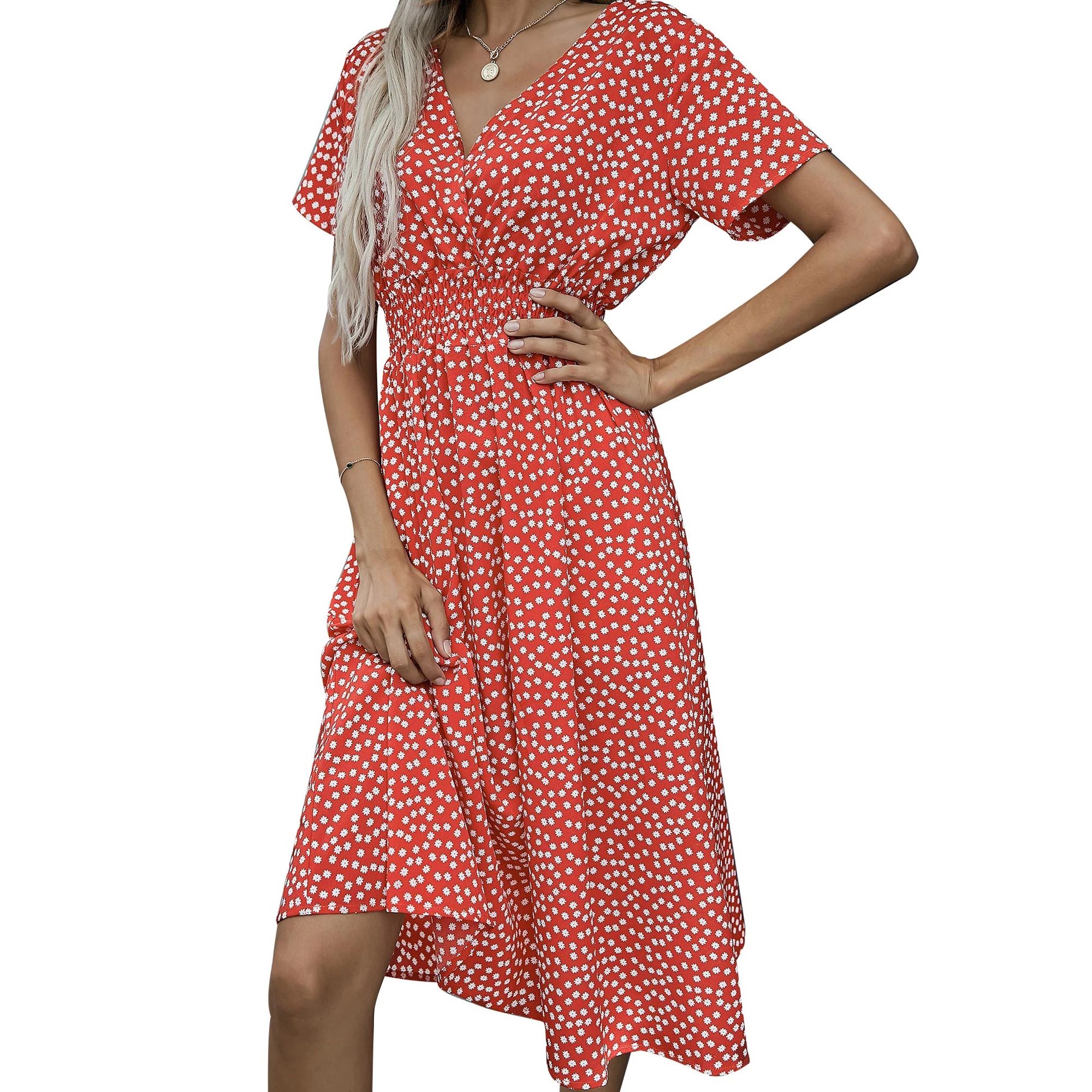 DYMADE Women Boho Floral Print Summer Short Sleeve Elastic Waist Chiffon Midi Dress | Walmart (US)