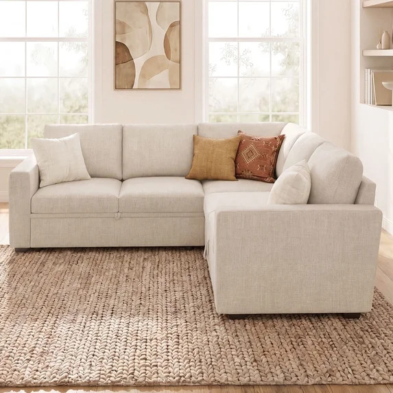 Marrber Modern L-Shaped Pull-Out Sectional Sleeper Sofa Bed with Storage for Living Room, Beige | Walmart (US)