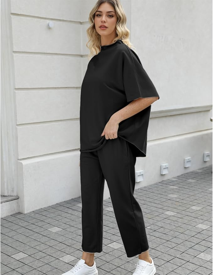 Women's Two Piece Outfits 3/4 Batwing Sleeve Capelet Crew Neck Pullover Top Wide Leg Pants Lounge... | Amazon (US)