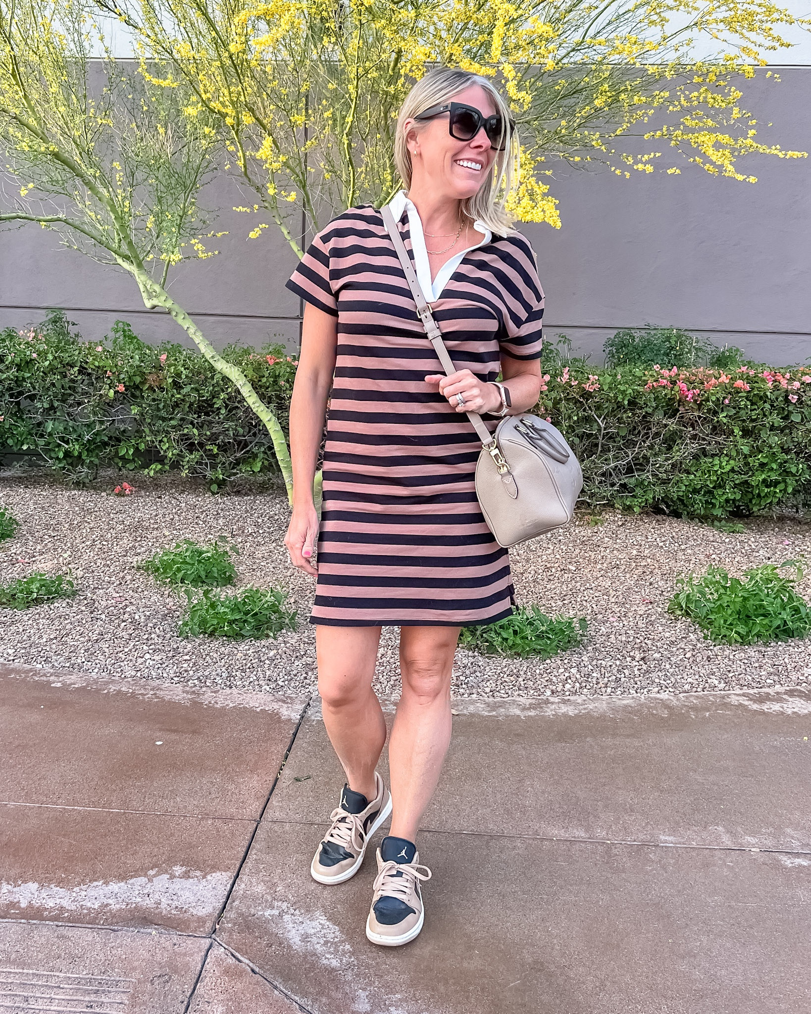 Love this striped rugby dress with Jordan sneakers and black sunglasses. XS dress and 8 sneakers. Evereve spring dress spring dresses outfit ideas 

#LTKstyletip #LTKshoecrush #LTKSeasonal