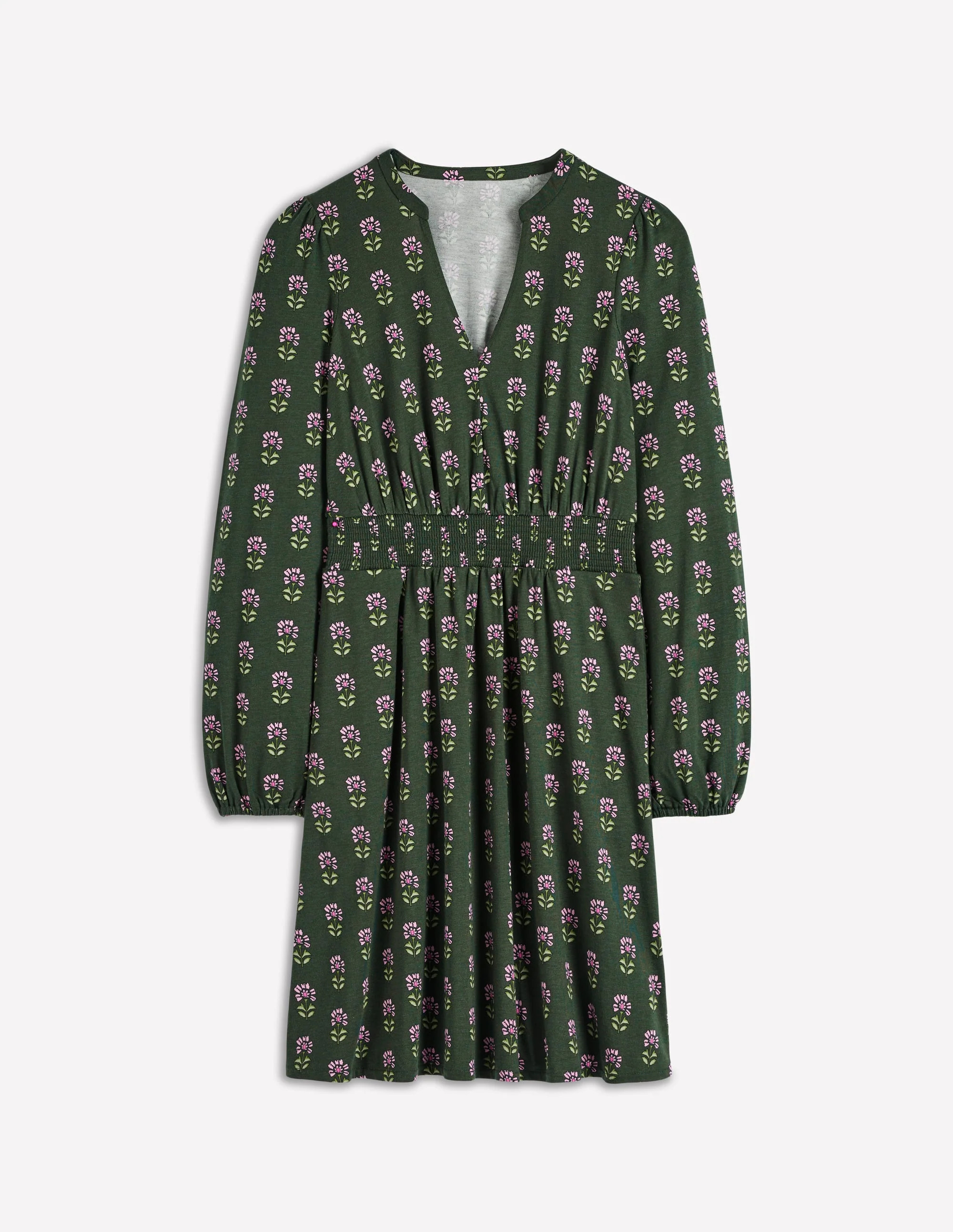 Sarah Short Jersey Dress-Winter Moss, Woodblock Floral | Boden (US)