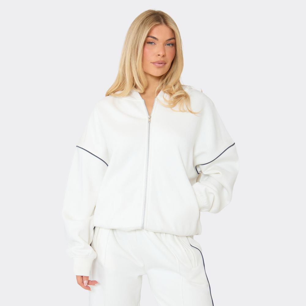 Contrast Stripe Boxy Zip Up Hoodie In Cream | EGO (UK)