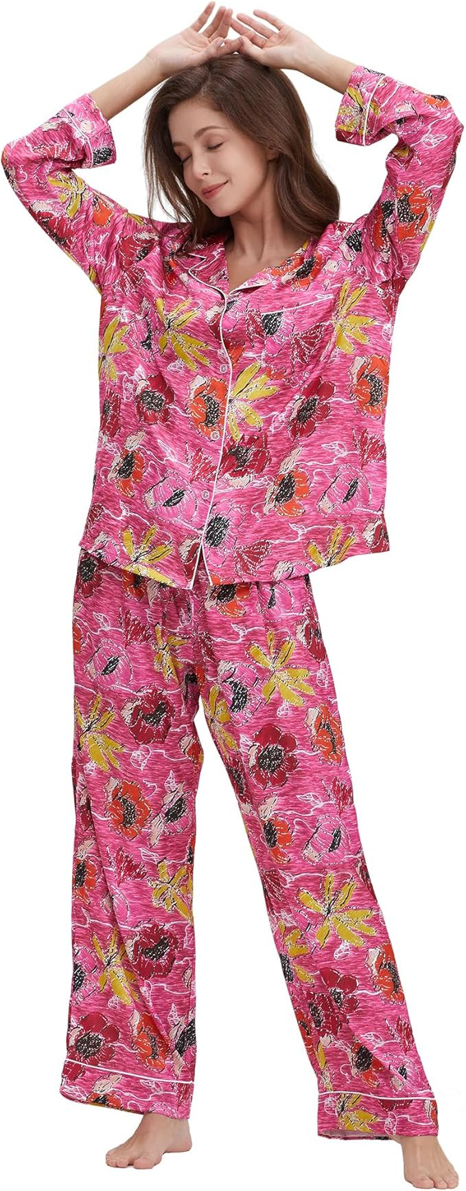 Womens Silk Satin Pajamas Set Button Down 2 Piece Pjs Long Sleeve Oversized Sleepwear with Pocket... | Amazon (US)