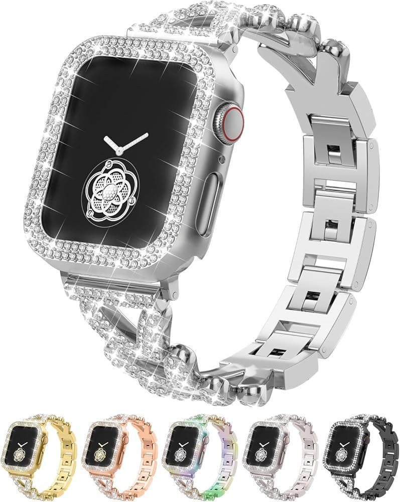 Rhinestones Encrusted Metal Bracelet and Case, Compatible with Apple Watch Bands 38mm-49mm (Serie... | Amazon (US)