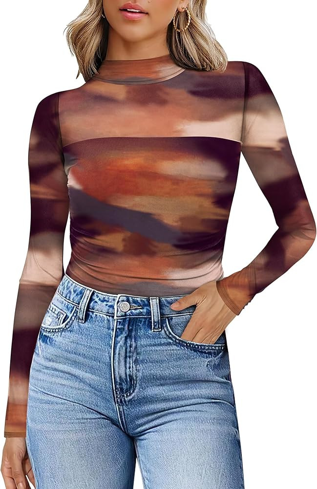 Womens Sexy Mesh Long Sleeve Shirts Fashion Clothing Turtle Necks Sheer Ruched Going Out Tops Fal... | Amazon (US)