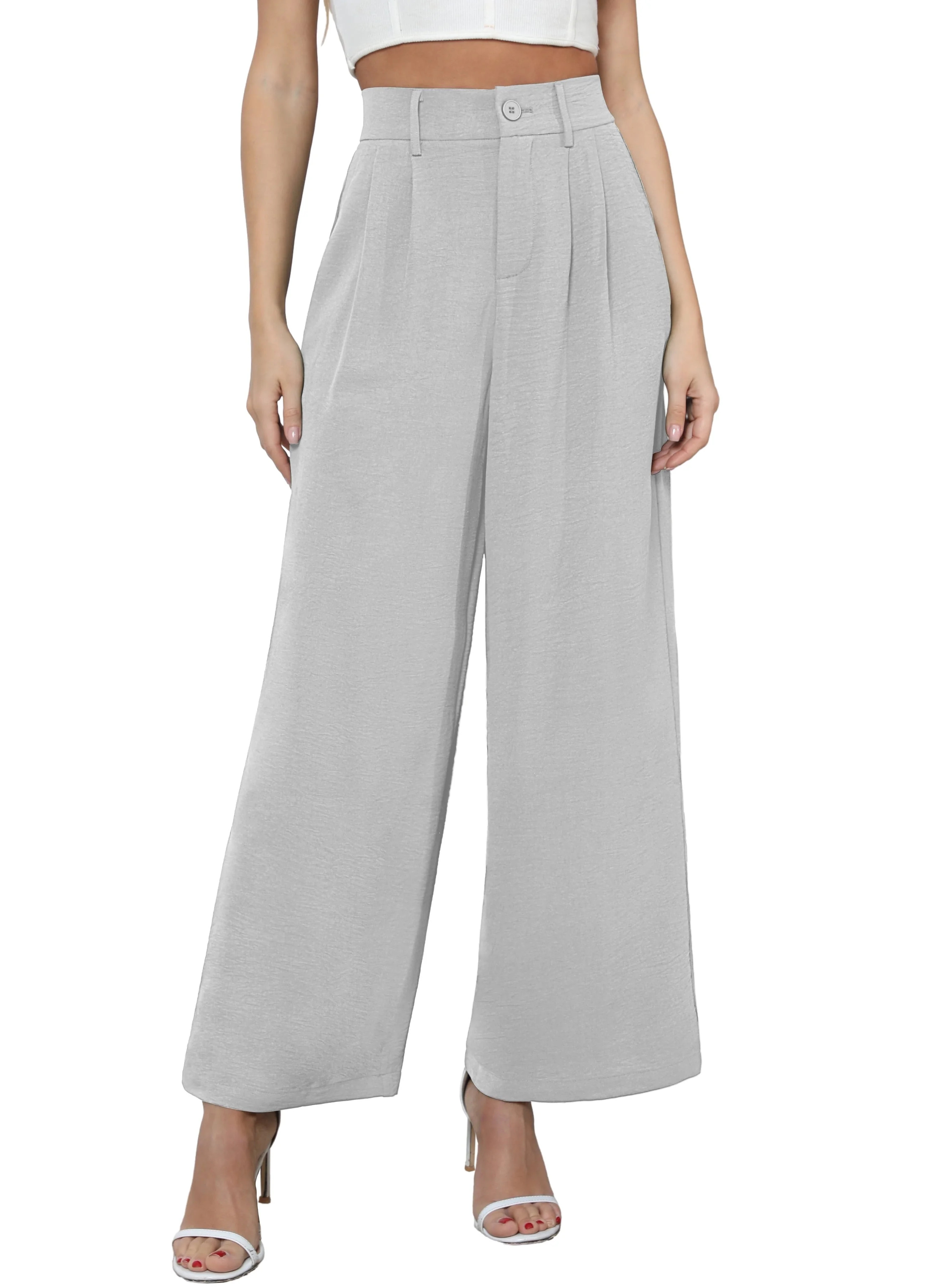 Uvplove Women's Pocket Wide Leg Trousers Lightweight Pants High Waist Button Loose Trouser Work C... | Walmart (US)