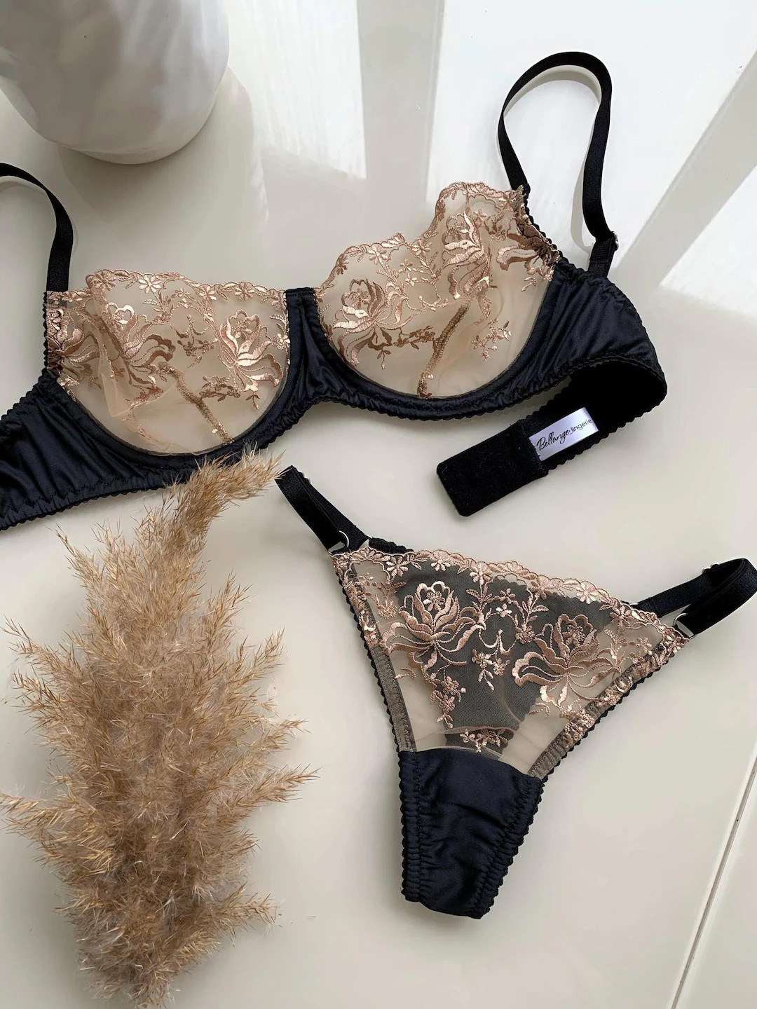 Black Lace Lingerie Set, Sheer Embroidery Bra, adjustable thong panties and garter belt, Sexy Sat... | Etsy (US)