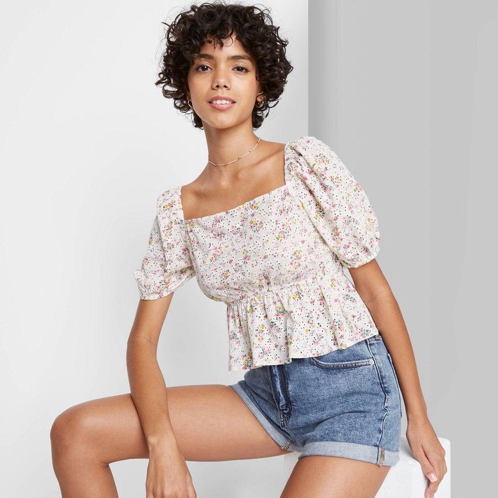 Women's Puff Short Sleeve Eyelet Square Neck Peplum Top - Wild Fable™ | Target