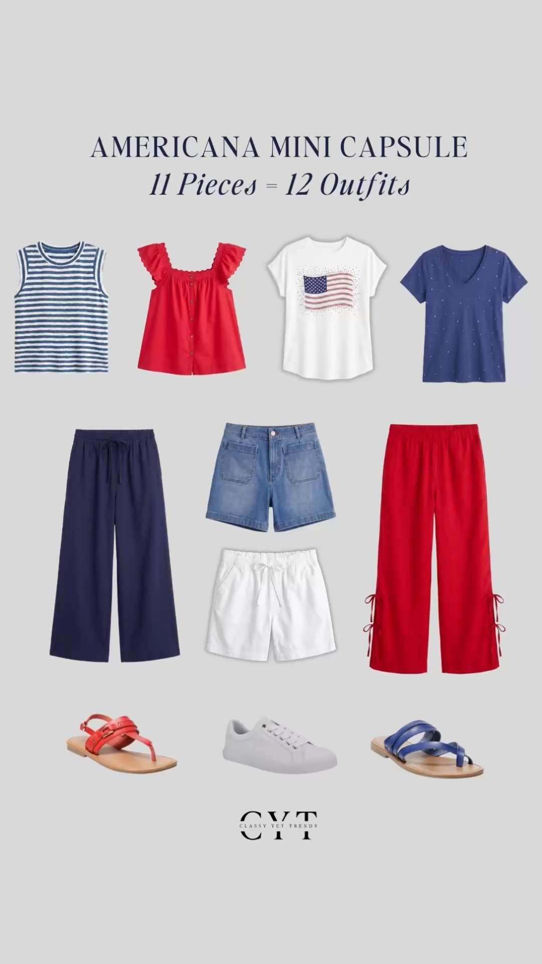 Americana July 4th Mini Capsule: 11 Pieces, 12 Outfits 🇺🇸 Outfit ideas to wear for all your Independence Day celebrations and events and all summer!  Pack this capsule in your suitcase for travel and vacation, plus add more tops, bottoms or shoes to expand it giving you more outfits. 🎉 @kohls #kohls #kohlspartner

red white and blue, elevated casual, summer style, affordable outfits, budget outfit, 4th of July outfits, American style, outfit inso
#americanasummer #americanastyle #patrioticoutfits #affordablefashion #july4thoutfits