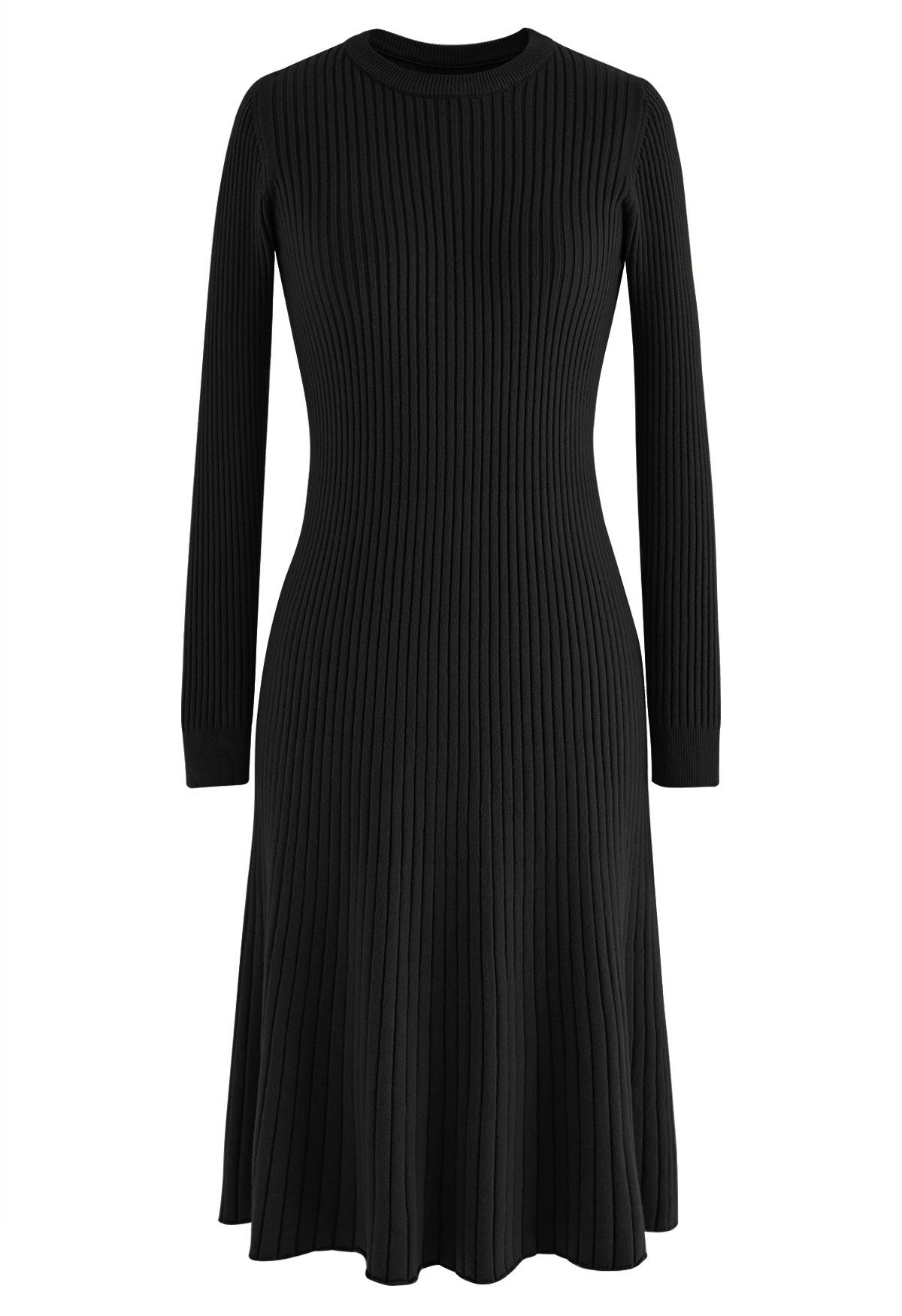 Ribbed Texture Frilling Midi Dress in Black | Chicwish