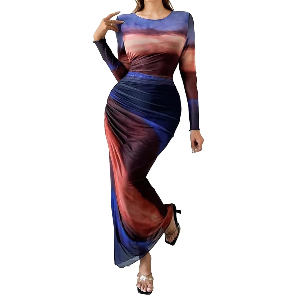 Women's Long Sleeve Maxi Dress Tie Dye Floral Printed Bodycon Ruched Long Dress Mesh Layered Eleg... | Amazon (US)