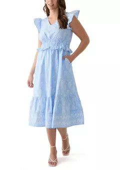 Crown & Ivy™ Women's Flutter Sleeve Ruffle Waisted Printed Midi Dress | Belk