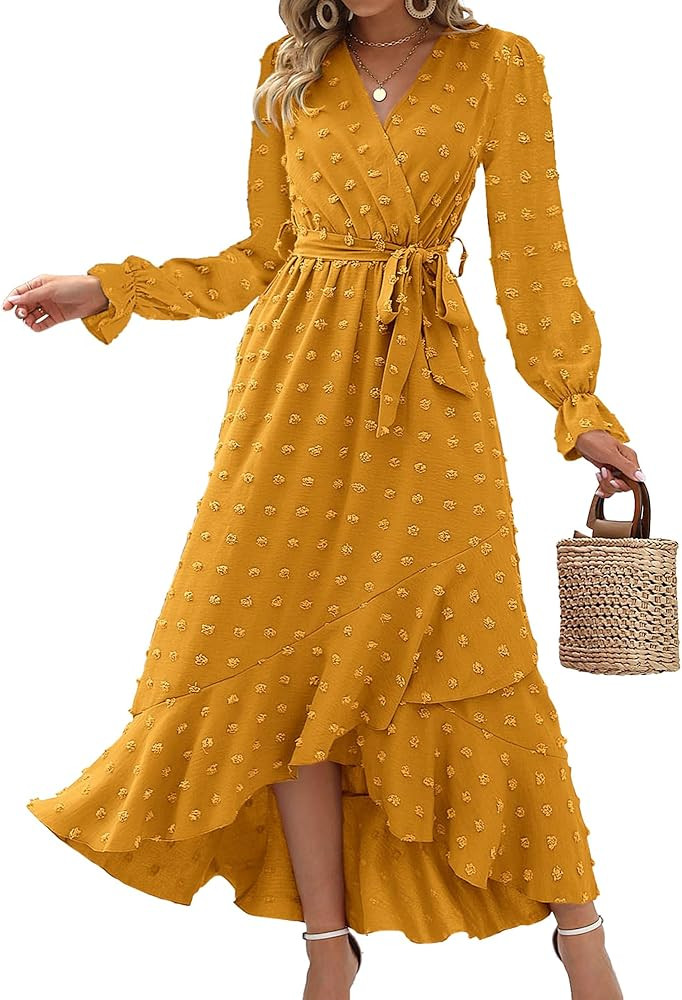 BTFBM Women's Boho Cocktail Maxi Dress 2023 Fall Fashion V Neck Swiss Dot Long Sleeve Flowy Slit ... | Amazon (US)