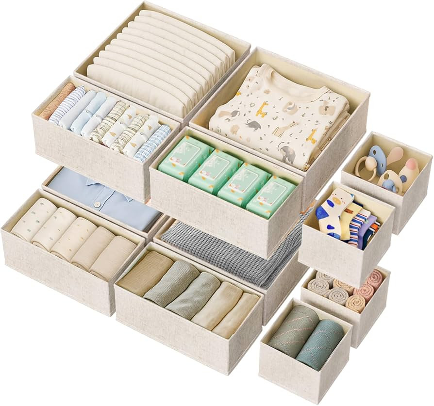12 Pack Drawer Organizer for Baby Clothes, Linen Fabric Nursery Organizer for Baby Diaper, Collap... | Amazon (US)