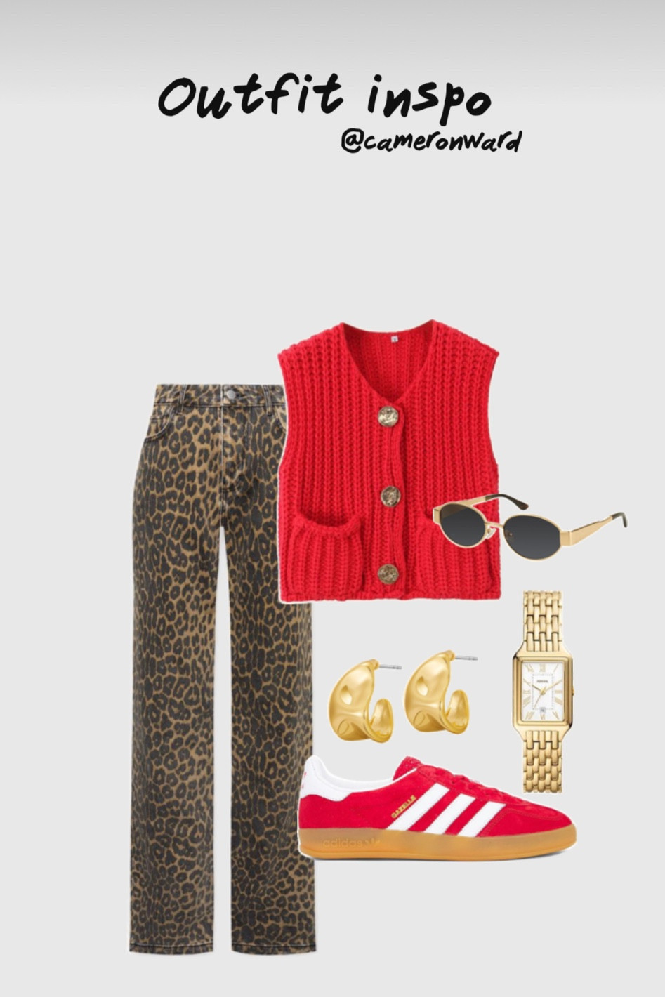 Cheetah jeans, red sweater vest, red adidas sambas, gold watch, gold hoops


#LTKFindsUnder50 #LTKStyleTip #LTKFallSale