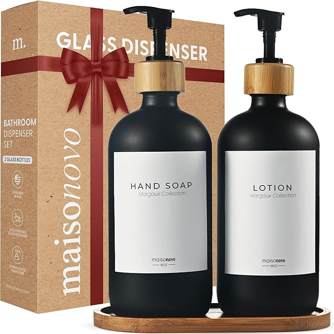 MaisoNovo Bathroom Soap Dispenser Set - Glass Soap Dispenser with Pump - Black Bamboo Black Pump ... | Amazon (US)