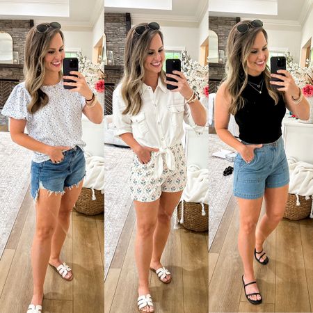 Amazon casual summer outfits!!! 
Loving these shorts SO much. Found two great pairs of denim shorts. One casual & distressed. The other is classic & no distressing. Both come in multiple washes. The middle pair is a floral printed stretchy pair that is absolutely ADORABLE! I’ve gotten so many compliments on these shirts. 
Spring and summer tops: floral puff sleeve shirt, white button up (which would be so cute with a denim skirt for a country concert!!) black ribbed mock neck tank. 

Paired with my go to slide on sandals! 

Vacation outfit, casual style, mom fashion, millennial style, high waisted jean shorts, summer outfits, Amazon fashion, Amazon finds 

Wearing my typical size M in all & love the fit.

#LTKFindsUnder50 #LTKStyleTip #LTKSaleAlert