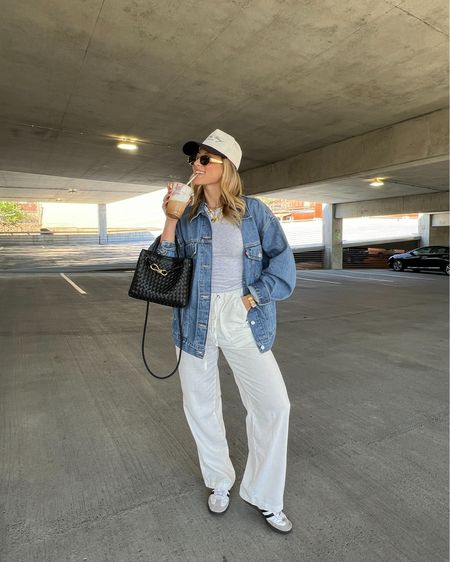 4/17/24 Back in PA!! Casual spring outfit idea 🫶🏼 Spring outfits, casual spring outfits, trucker hat, trucker hat outfit, Adidas samba, Adidas sneakers, Adidas samba outfits, linen pants, linen pants outfit, trucker jacket, denim jacket outfit, baby tee, abercrombie basics

