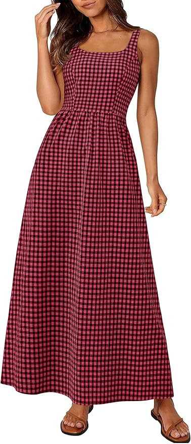PRETTYGARDEN Women's 2026 Summer Spaghetti Strap Maxi Dresses Plaid Square Neck A Line Casual Bea... | Amazon (US)