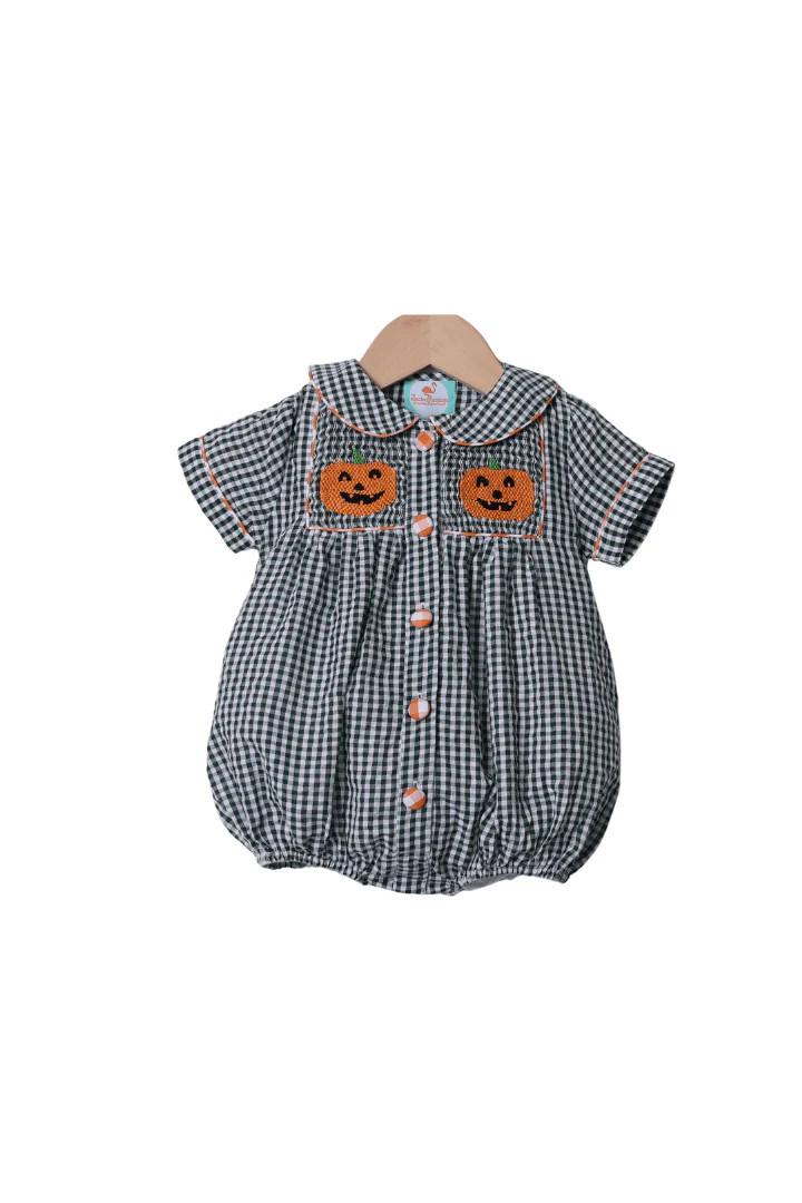 Smocked Green Gingham Jack-O-Lantern Bubble | The Smocked Flamingo