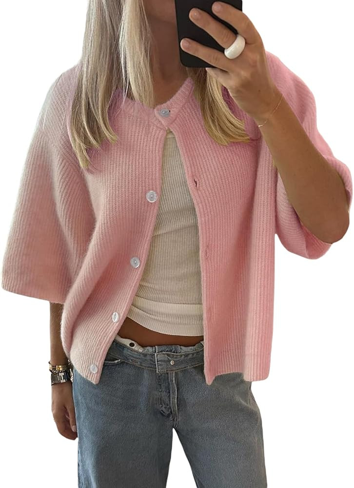 Women Y2k Knitted Crop Cardigan Short Sleeve Button Up Rib Knit Solid Color Cute Sweater Shirt | Amazon (US)