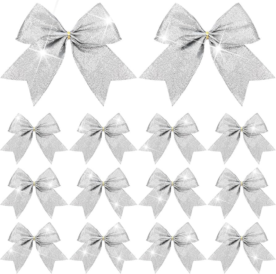 Cindeer 24 Pcs Silver Christmas Bow Decorations 6 Inch, Glitter Holiday Bows with Sequin Ties for... | Amazon (US)
