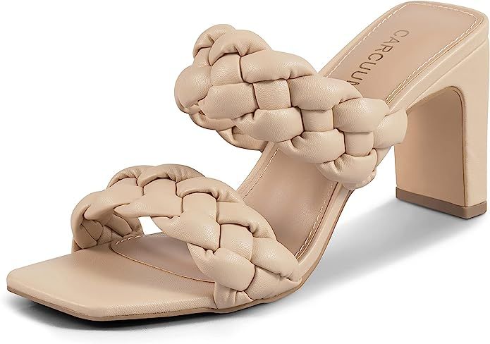 Carcuume Womens Braided Heels Square Open Toe Two Strappy Woven Mule Block Comfortable Heeled San... | Amazon (US)