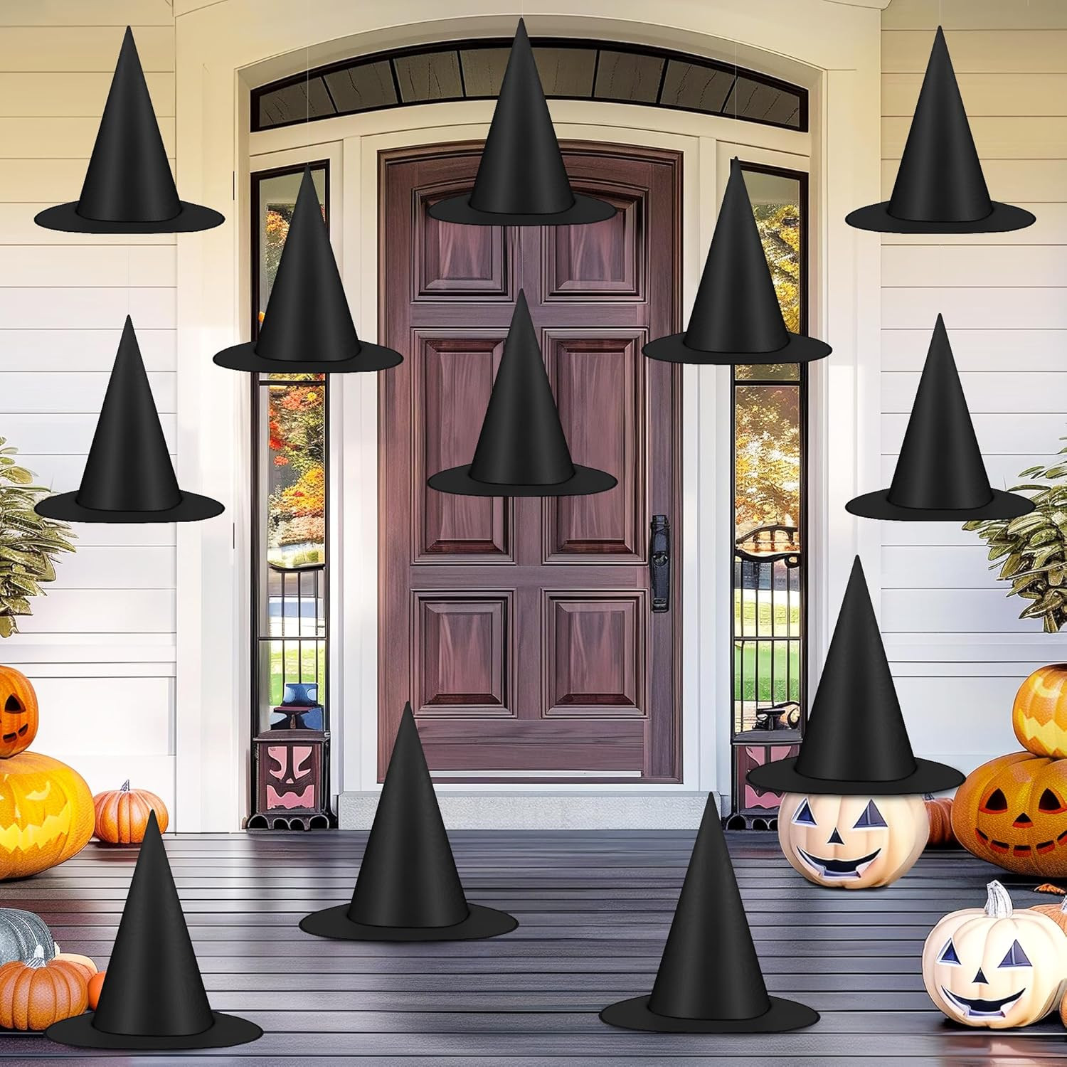 12 PCS Halloween Witch Hats, Black Hanging Witch Hats Porch Yard Decor | Amazon (US)