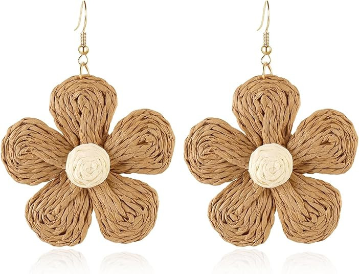 Handmade Raffia Hoop Earrings Statement Tropical Bohemian Straw Dangle Earrings Natural Rattan Va... | Amazon (US)