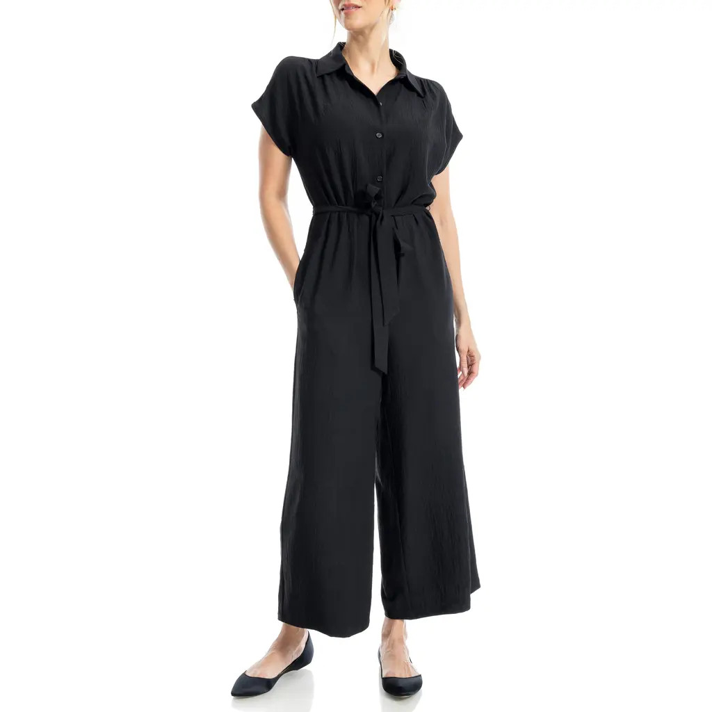 MAX STUDIO Collared Short Sleeve Tie Waist Jumpsuit in Black at Nordstrom Rack, Size Large | Nordstrom Rack
