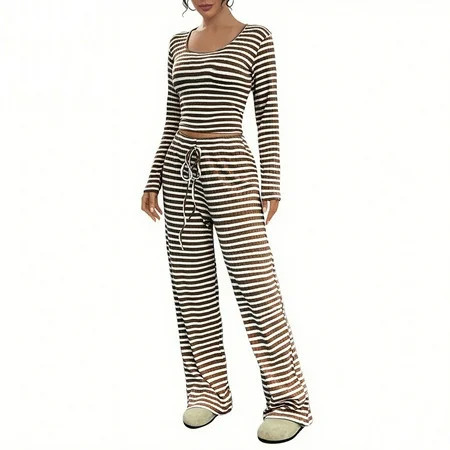 snilers Lounge Sets for Women Fashion Casual Striped Pajama Sets Square Neck Crop Tops and High Waisted Wide Leg Pants 2 Piece Outfits Matching Pjs Loungewear Set | Walmart (US)