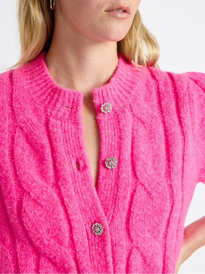 Free Assembly Women's and Women's Plus Cable Cardigan with Short Puff Sleeves, Sizes XS-4X | Walmart (US)