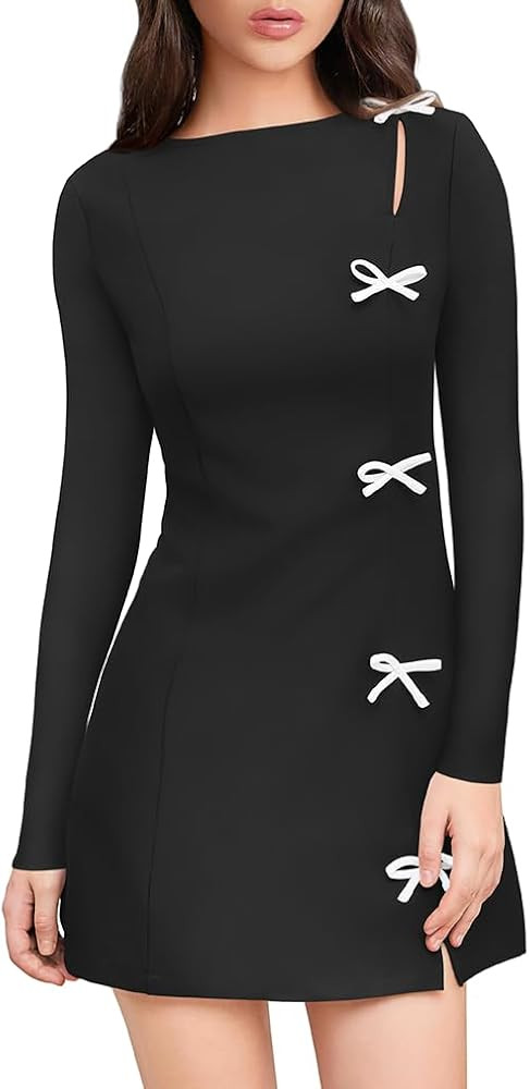 XXTAXN Women's Fall Long Sleeves Boat Neck Elegant Bow Y2k A Line Mini Dress | Amazon (US)