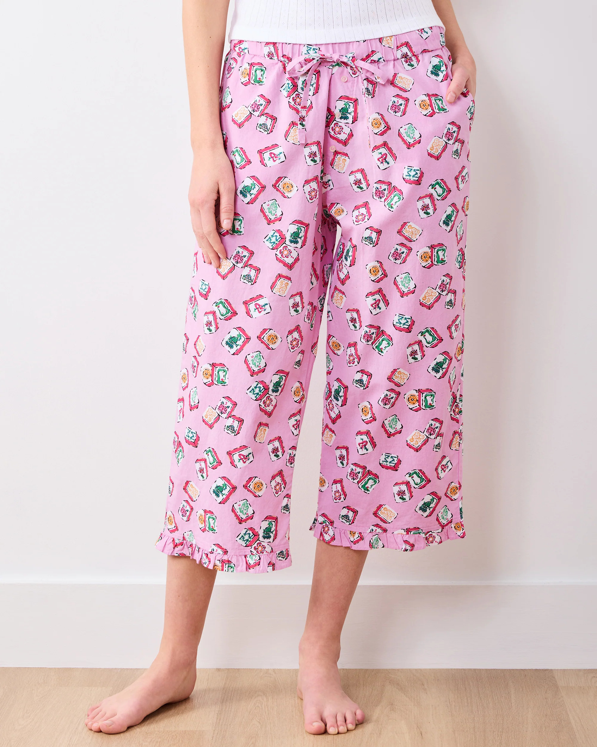 Lucky Tiles - Ruffle Cropped Pants - Peony Pink | Printfresh