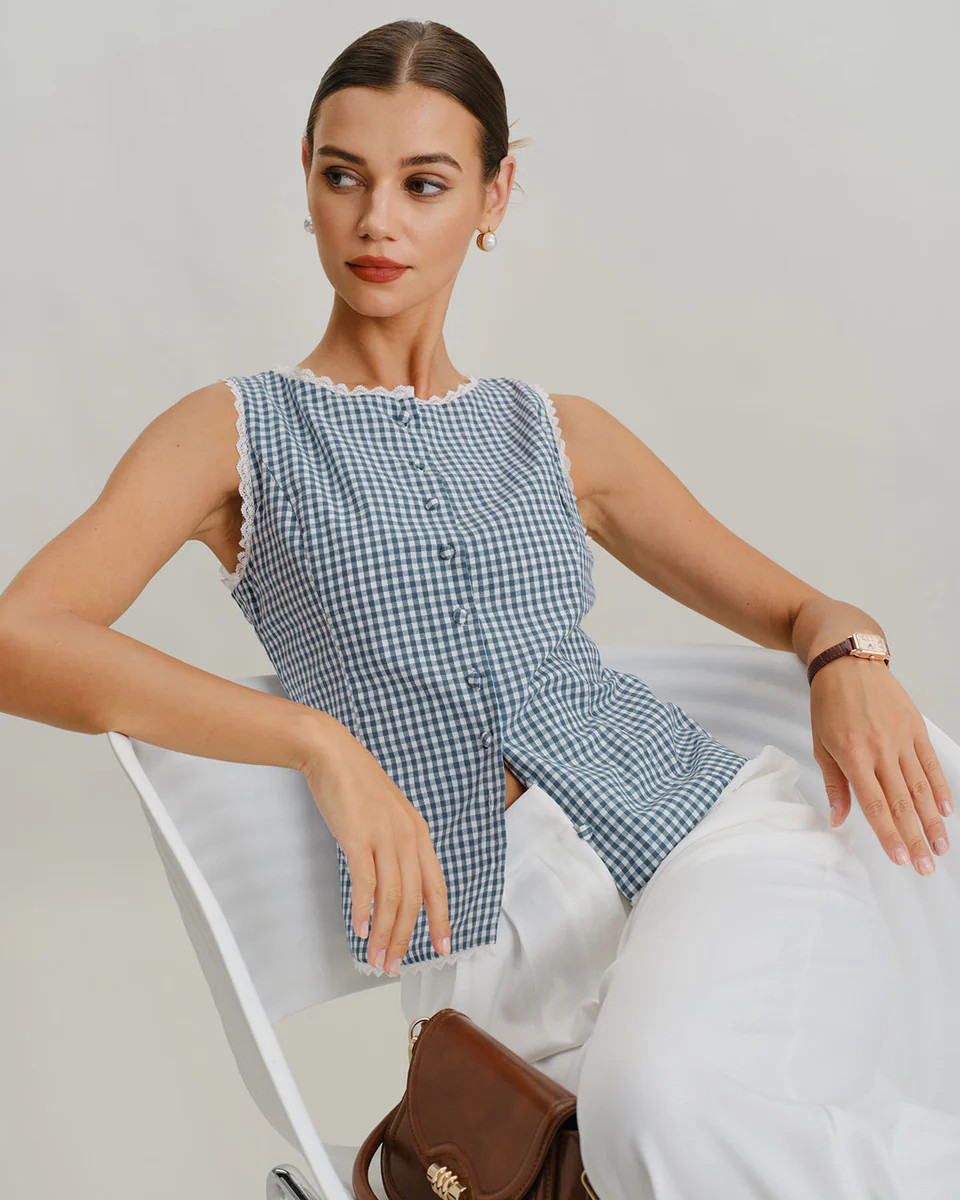 Blue Plaid Sleeveless Tank Top | rihoas.com