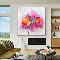 Large Abstract Floral Painting Pink Red Flower, Modern Framed Canvas Art | Etsy (US)