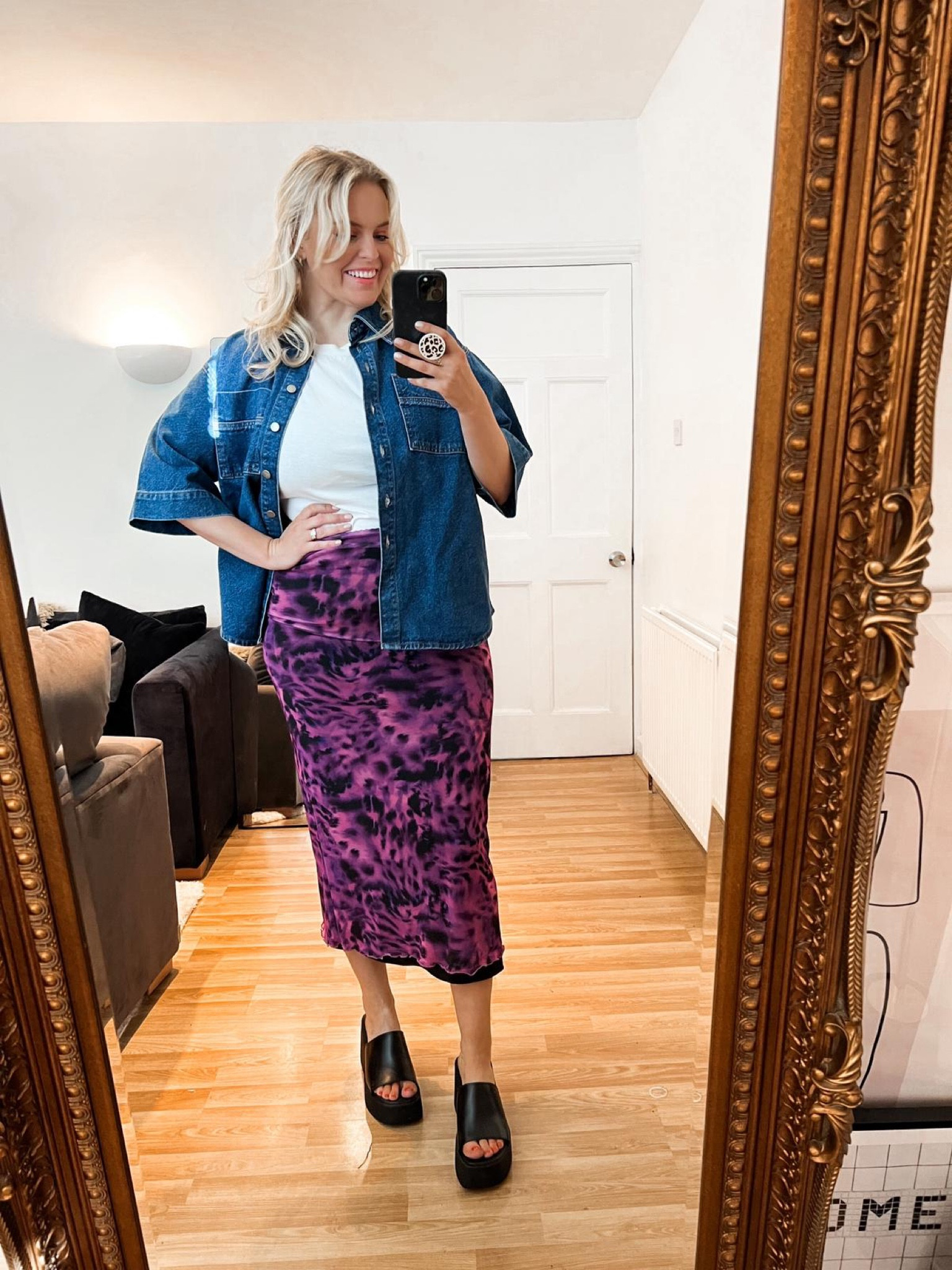 White top, denim jacket, animal pattern print skirt, purple tie dye skirt, black platform shoes, open toe heels 

#LTKSeasonal #LTKeurope #LTKstyletip