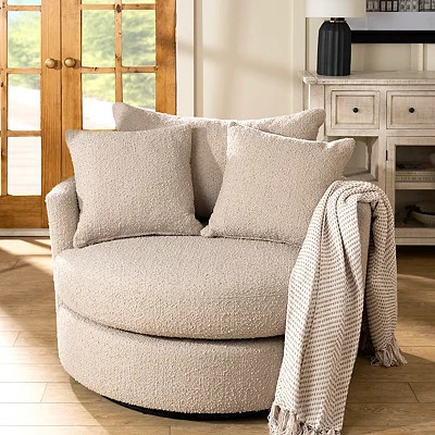 Round Sand Boucle Swivel Accent Chair, Tan, 44.3L x 42.5W 34.6H , Metal/Wood | Kirkland's Home | Kirklands