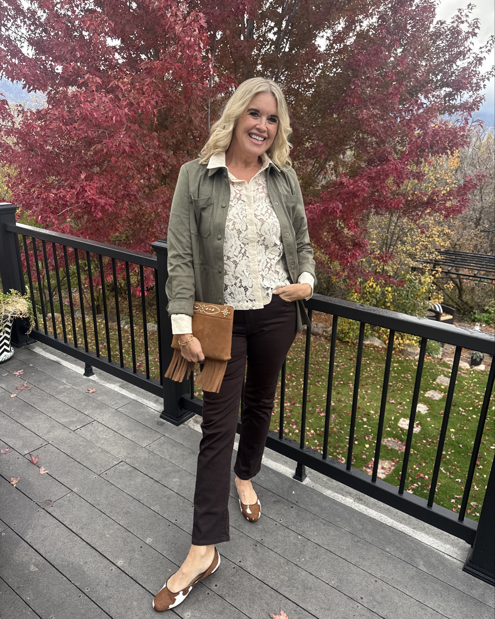 Chicos fall outfit Inspo 

Suede, cow print, western and great fitting jeans✔️✔️✔️✔️

olive green suede shacket tts, 

lace button up tt 

chocolate brown girlfriend jeans tts let me tell you how good these are:) love 

Paired with cow print ballet flats so on trend tts  

and a fun suede fringe  studded  clutch. 

Silver western ring 

#LTKSaleAlert #LTKOver40 #LTKStyleTip