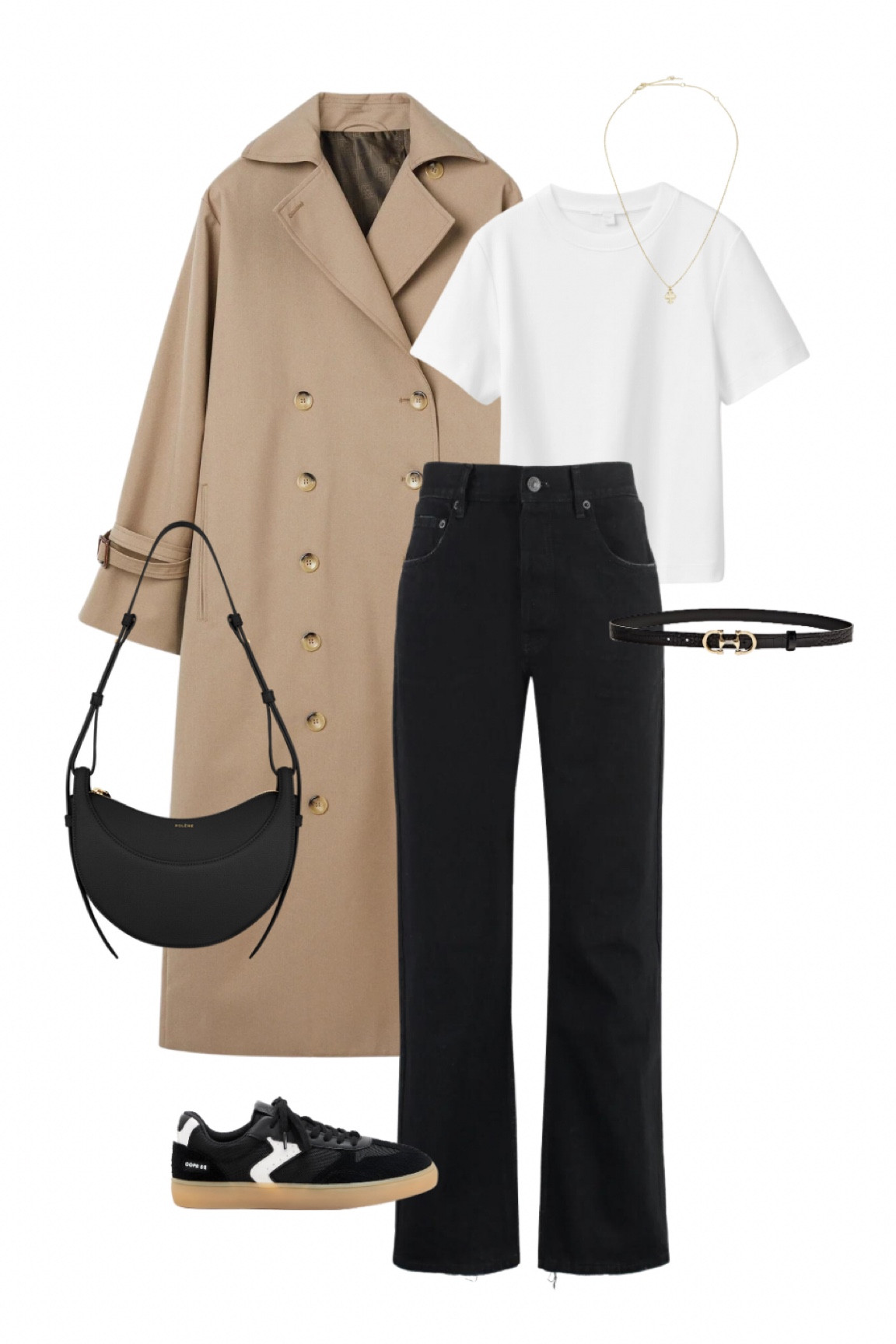 Chic fall ootd inspo: a brown trench coat (from Toteme), white tee, black jeans, black belt with a gold buckle, cute sneakers & a black crossbody bag (Polene) 

#LTKstyletip #LTKmidsize #LTKworkwear