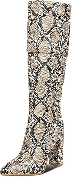 WETKISS Womens Knee High Colorful Snakeskin Boots Mid-Calf Snake Print Booties High Heels Pointed To | Amazon (US)